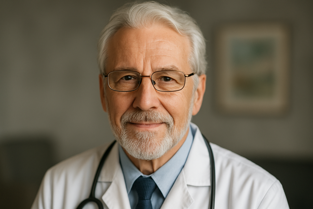 generate an image of a doctor with a close up his face, his face should look trustworthy with a slight beard and his hair should be something that conveys trust, the doctor should be of older age with white hair and wear glasses, but at the same time in the close up of the doctor we should be able to see his doctor outfit and his attire that looks professional, the background should be a grey wall with a painting in the background. however the whole background should be blurred